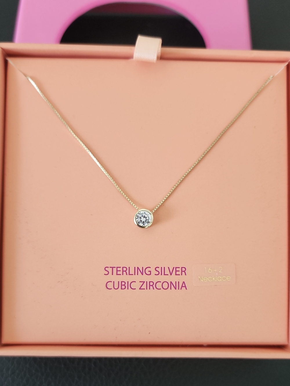 Sterling Silver Cubic Zirconia Bezel Necklace - Gold Chain, White Stone